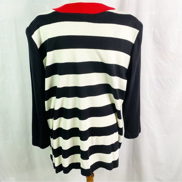 Vintage 80s Bold Black & White Stripe Open Front Cardigan Sweater Red Trim XL - Picture 3 of 4